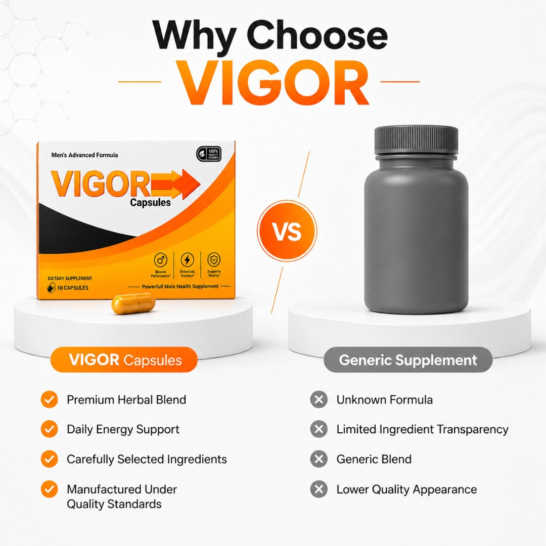 Promotional comparison graphic for VIGOR capsules versus a generic supplement. On the left, a box of VIGOR Capsules with an orange and white design is shown on a white pedestal with a capsule in front and a list of benefits.